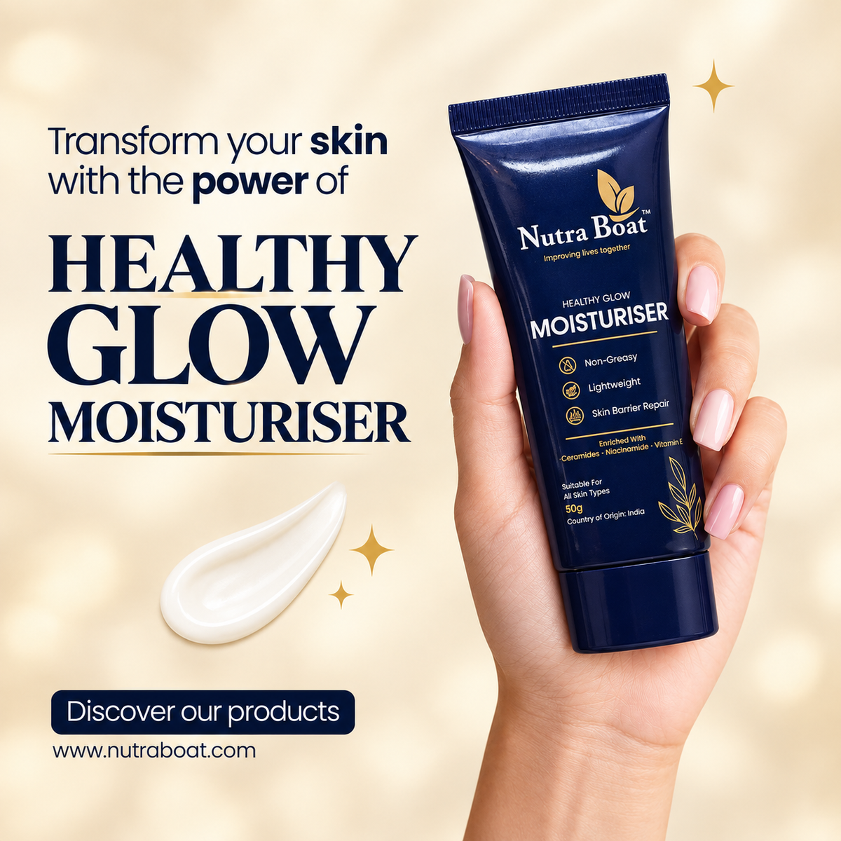 Hand holding Nutraboat Healthy Glow Moisturiser tube