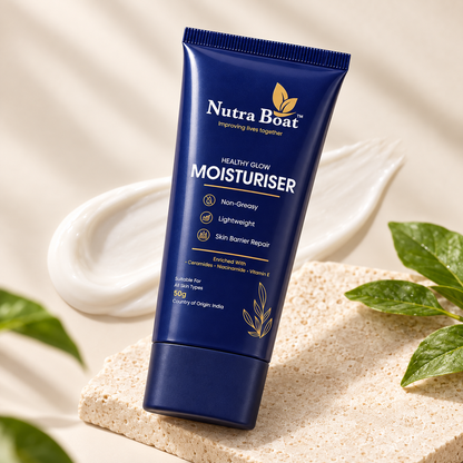 Nutraboat Healthy Glow Moisturiser tube with cream swatch