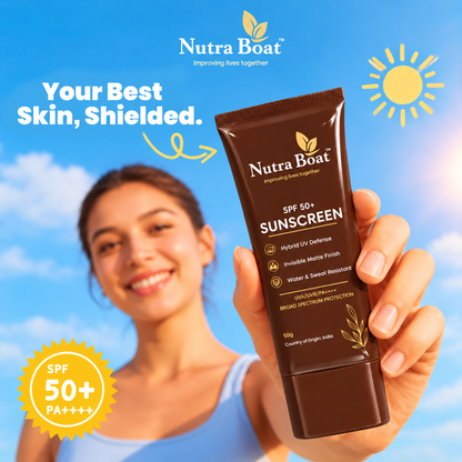 Woman holding Nutraboat SPF 50+ Sunscreen tube