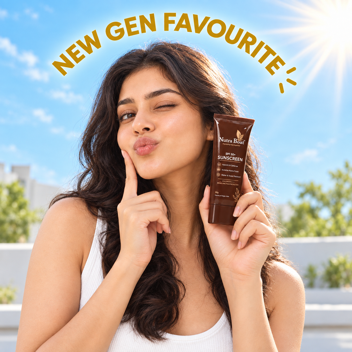 Woman holding Nutraboat SPF 50+ Sunscreen outdoors