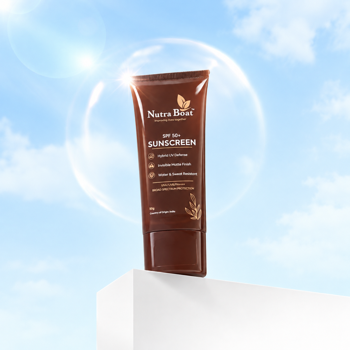 Nutraboat SPF 50+ Sunscreen tube against a blue sky