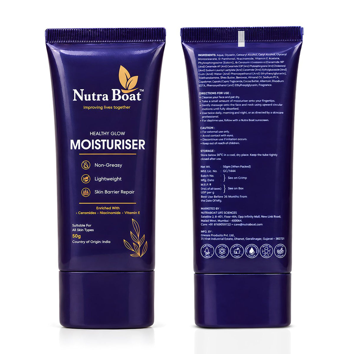 Nutraboat Healthy Glow Moisturiser 50 g tube, front and back
