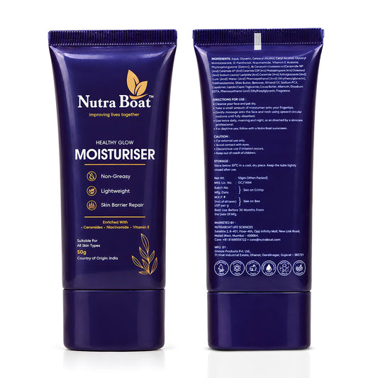 Nutraboat Healthy Glow Moisturiser 50 g tube, front and back