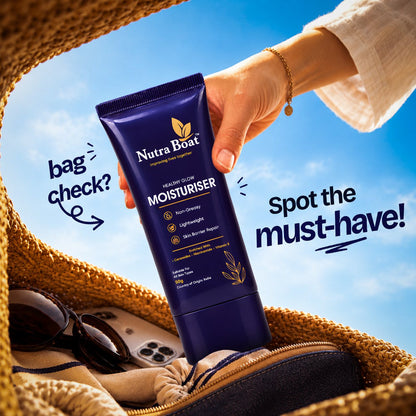 Hand taking Nutraboat Moisturiser out of a beach bag