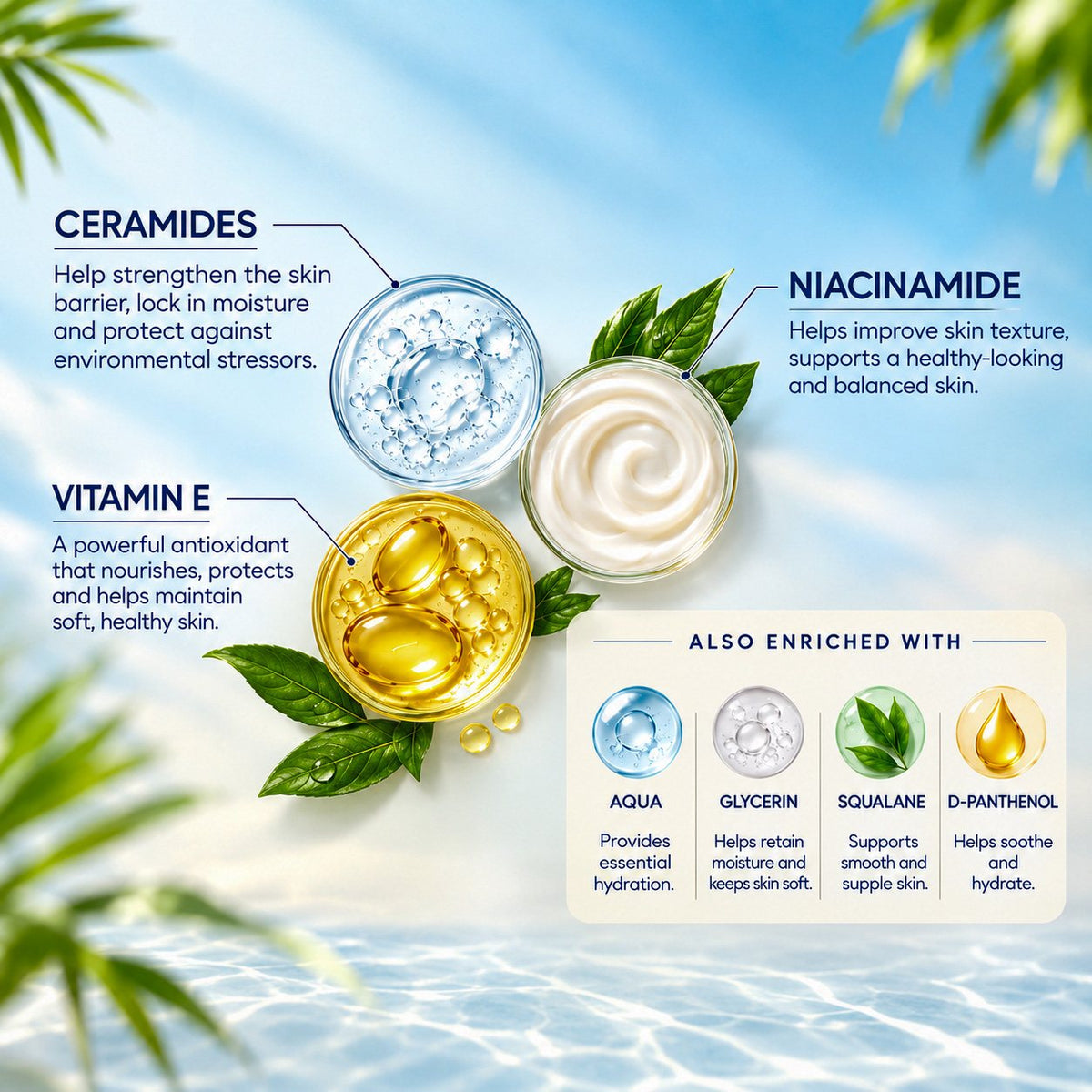 Moisturiser ingredients: Ceramides, Niacinamide, Vitamin E