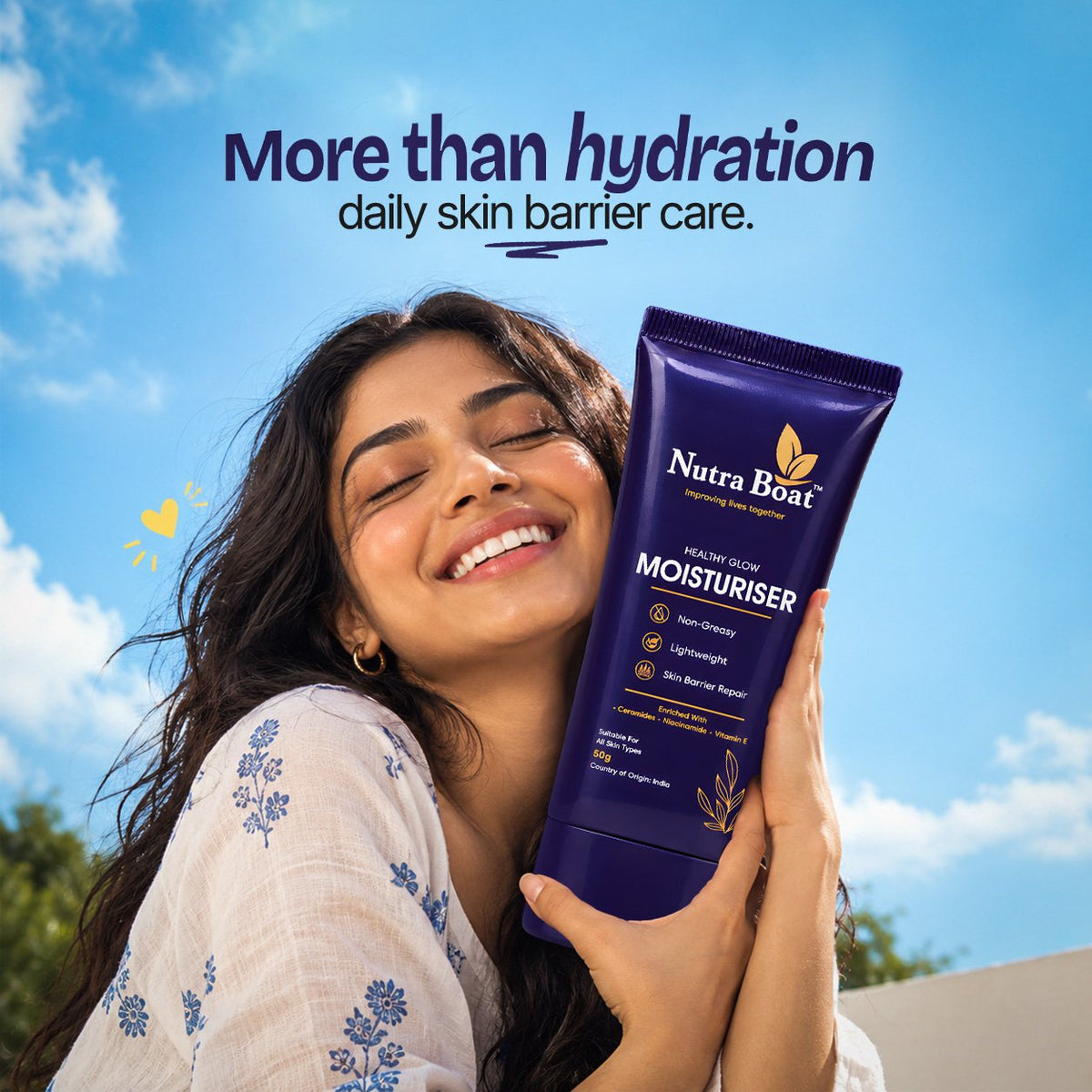 Smiling woman hugging Nutraboat Moisturiser