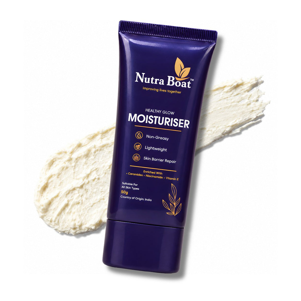Nutraboat Healthy Glow Moisturiser tube with cream swatch