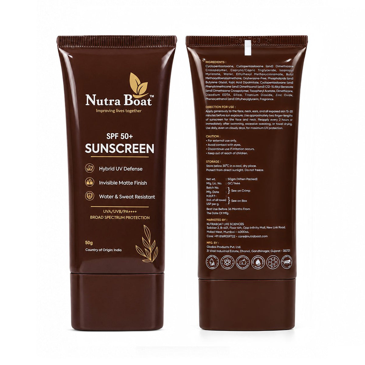 Nutraboat SPF 50+ Sunscreen 50 g tube, front and back