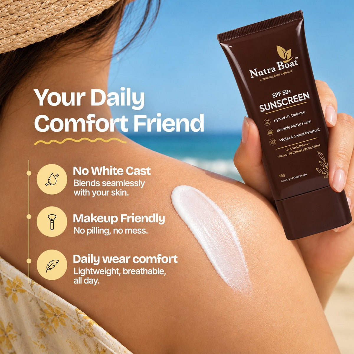 Nutraboat Sunscreen swatch on shoulder: your daily comfort friend