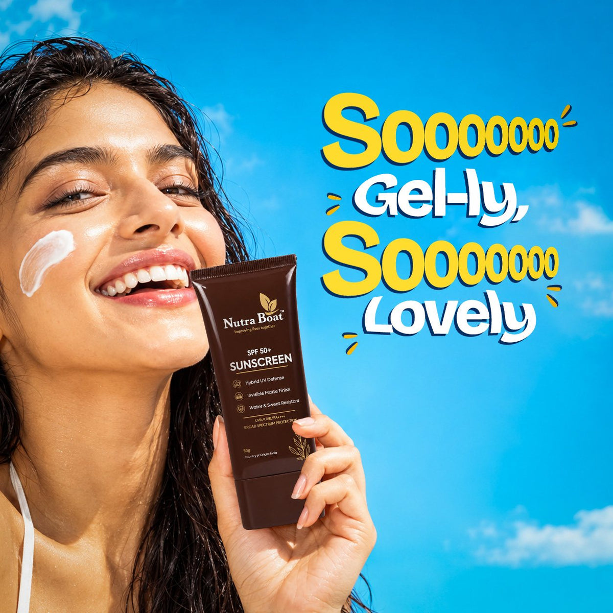 Smiling woman with Nutraboat Sunscreen: soooo gel-ly, soooo lovely