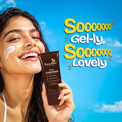 Smiling woman with Nutraboat Sunscreen: soooo gel-ly, soooo lovely