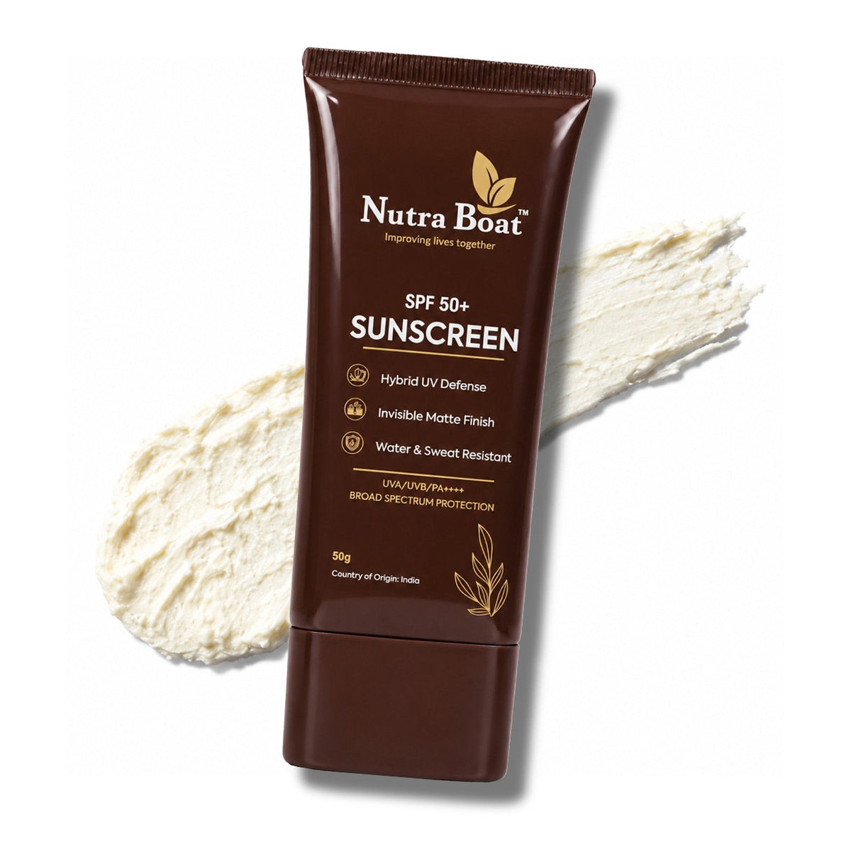 Nutraboat SPF 50+ Sunscreen tube with texture swatch